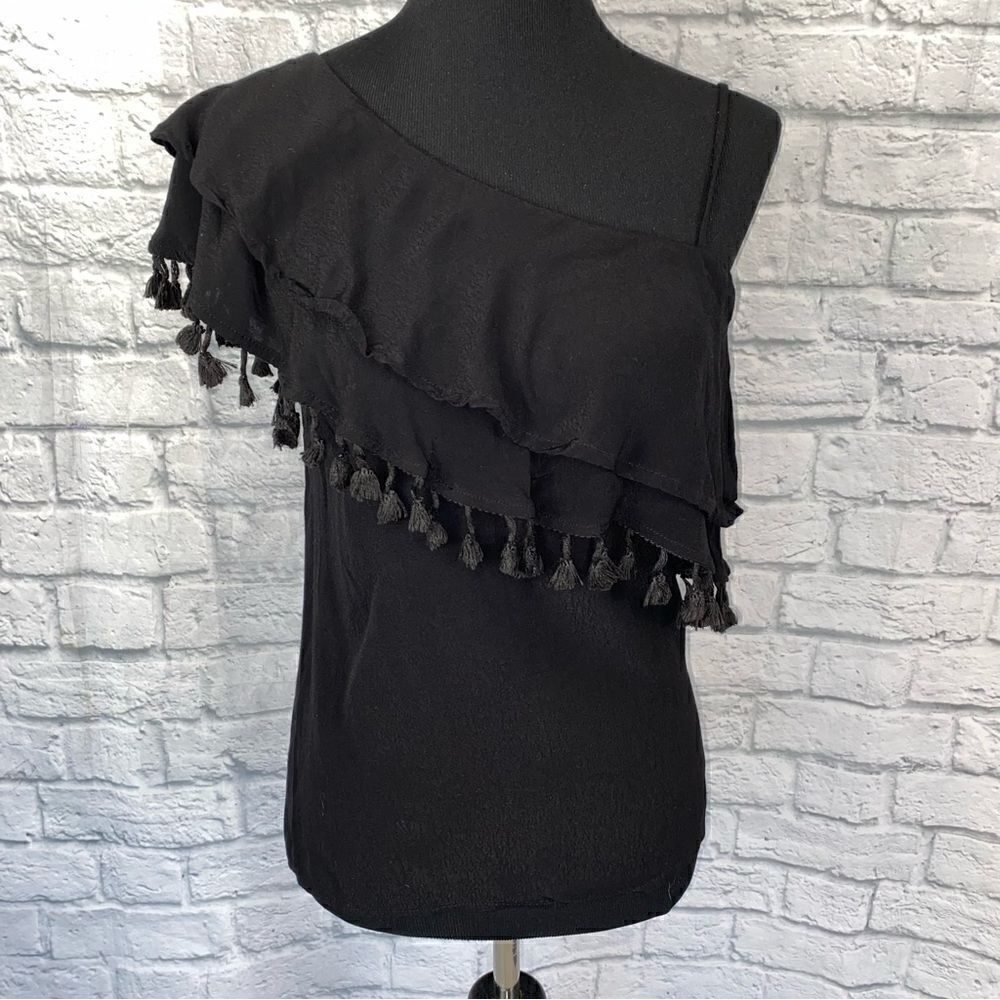 Blue Rain one shoulder top w/Pom Pom fringe black size small women